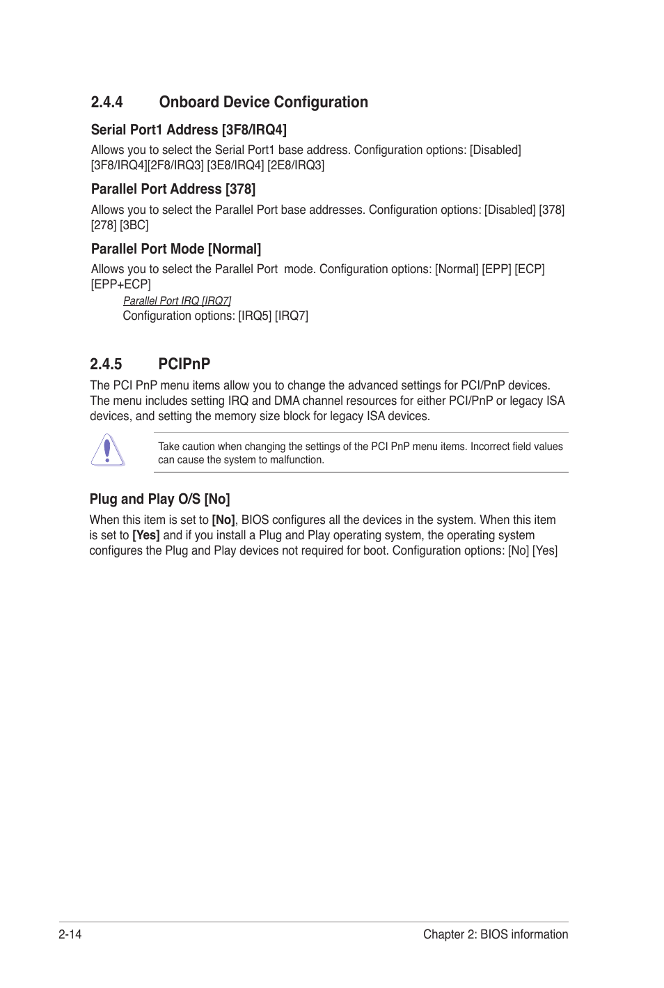 4 onboard device configuration, 5 pcipnp, 4 onboard device configuration -14 2.4.5 | Pcipnp -14 | Asus M4N68T-M LE User Manual | Page 52 / 62