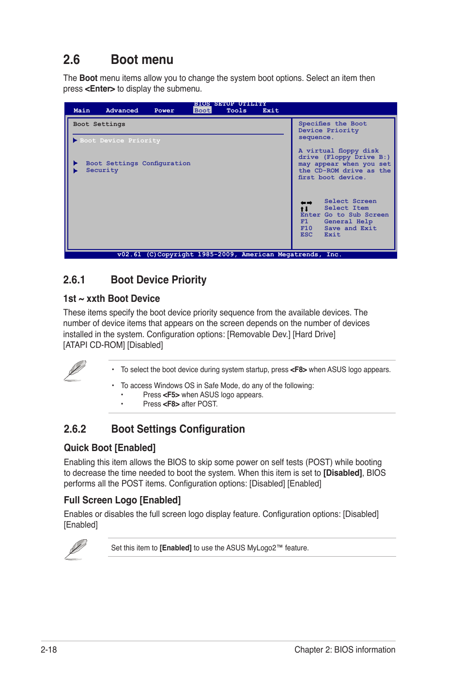 6 boot menu, 1 boot device priority, 2 boot settings configuration | Boot menu -18 2.6.1, Boot device priority -18, Boot settings configuration -18, 1st ~ xxth boot device, Quick boot [enabled, Full screen logo [enabled | Asus M4N68T-M LE User Manual | Page 56 / 62