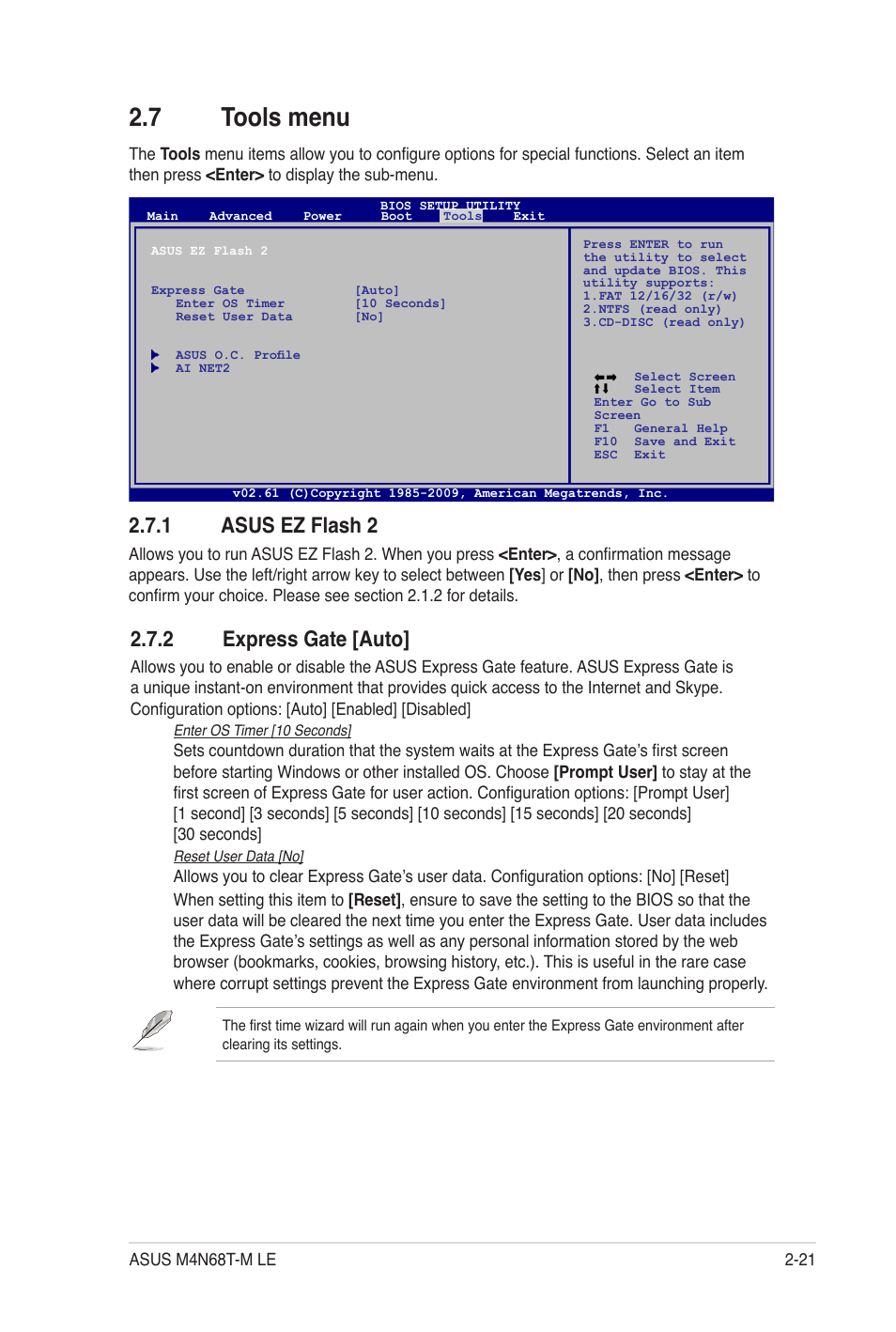 7 tools menu, 1 asus ez flash 2, 2 express gate [auto | Tools menu -21 2.7.1, Asus ez flash 2 -21, Express gate [auto] -21 | Asus M4N68T-M LE User Manual | Page 59 / 62