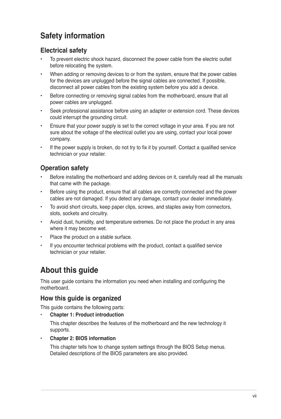 Safety information, About this guide, Electrical safety | Operation safety, How this guide is organized | Asus M4N68T-M LE User Manual | Page 7 / 62