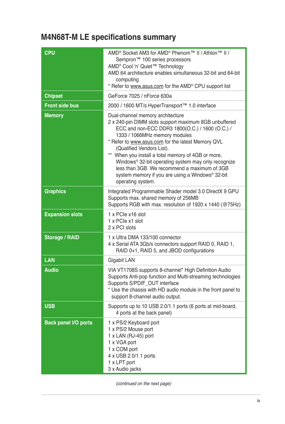 M4n68t-m le specifications summary | Asus M4N68T-M LE User Manual | Page 9 / 62