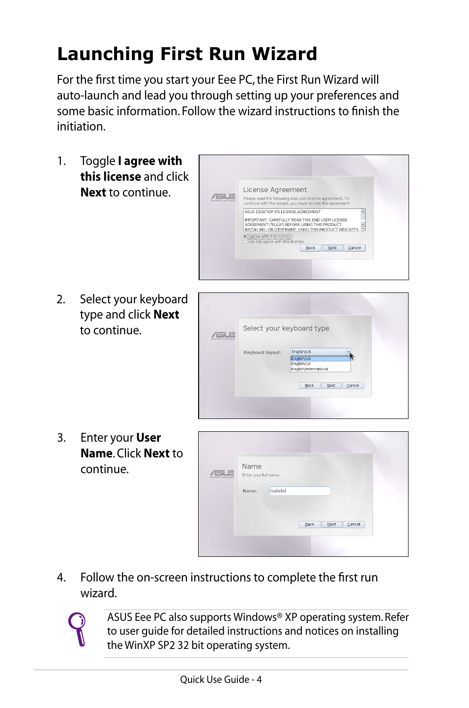 Launching first run wizard | Asus Eee PC 904HD/Linux User Manual | Page 4 / 8