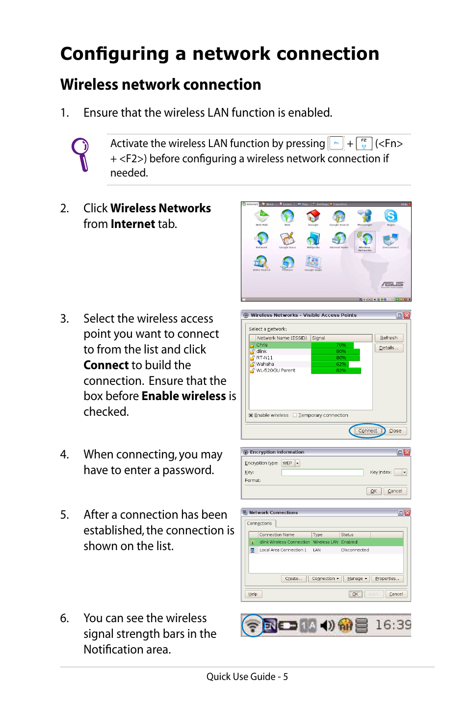 Configuring a network connection, Wireless network connection | Asus Eee PC 904HD/Linux User Manual | Page 5 / 8
