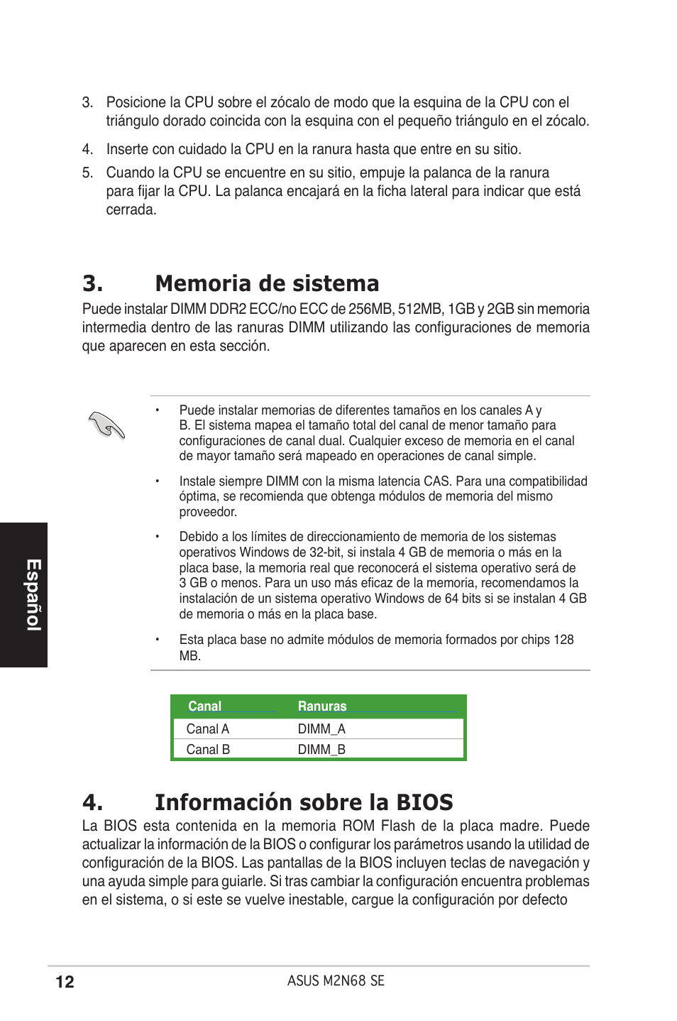 Información sobre la bios, Español | Asus M2N68 SE User Manual | Page 12 / 38