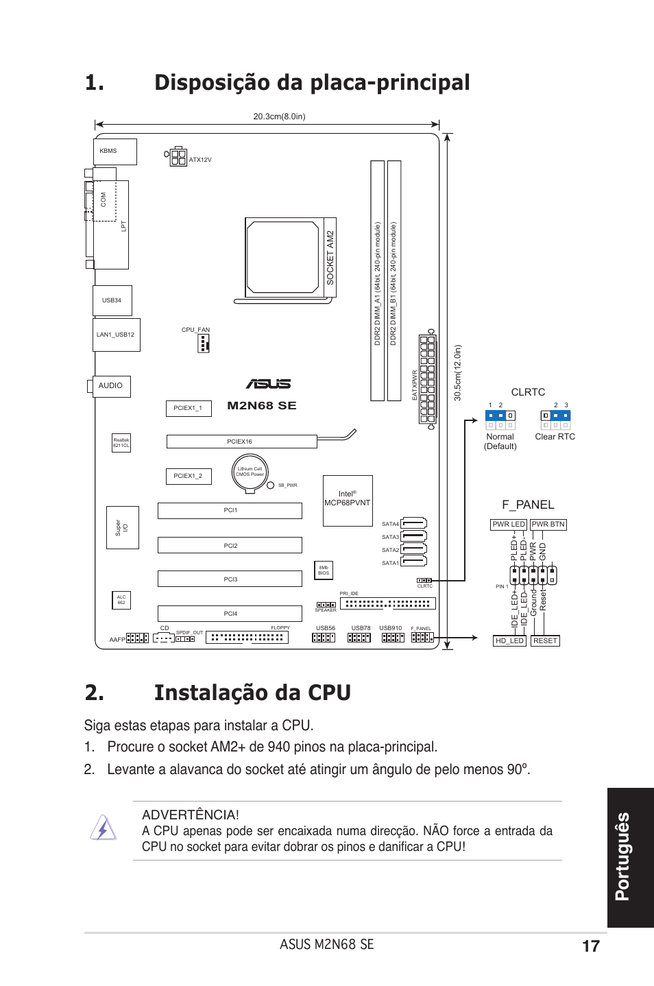 Disposição da placa-principal 2. instalação da cpu, Português, Asus mn68 se | F_panel, M2n68 se, Clrtc, 3cm(8.0in), Socket am2, 5cm(12.0in), Normal (default) clear rtc | Asus M2N68 SE User Manual | Page 17 / 38