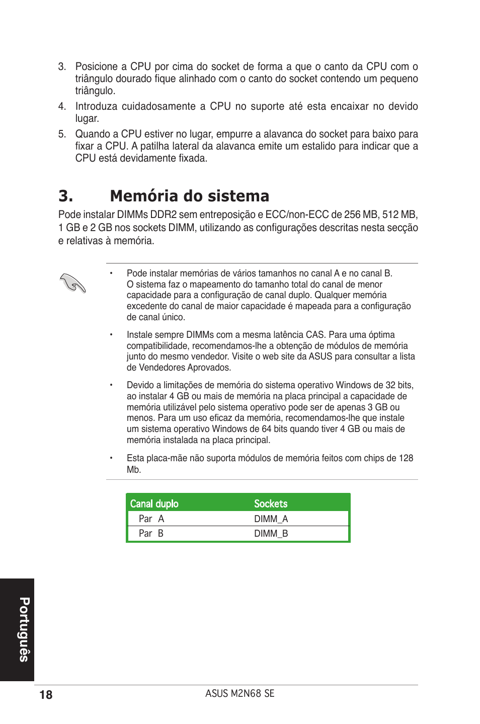 Memória do sistema, Português | Asus M2N68 SE User Manual | Page 18 / 38