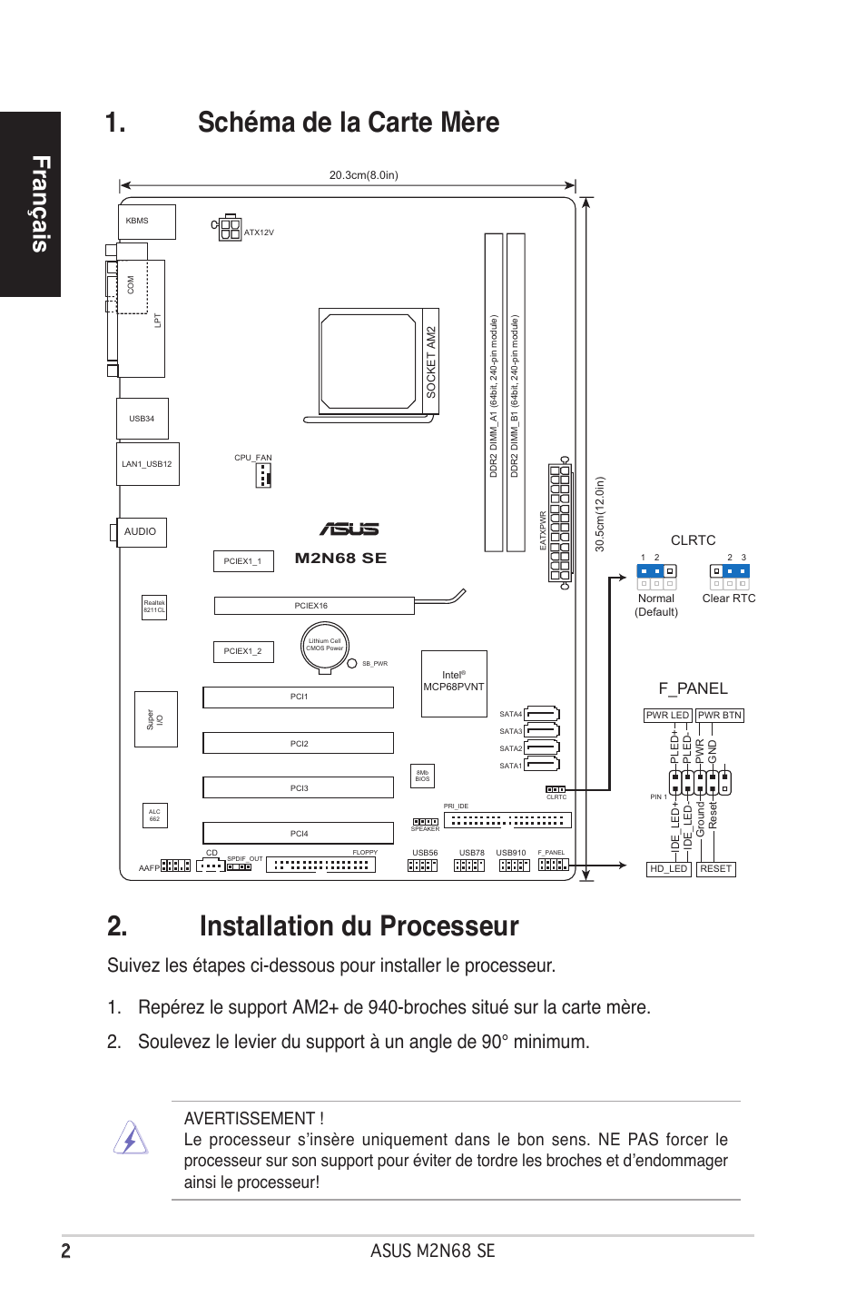 Français, Asus mn68 se, F_panel | M2n68 se, Clrtc, 3cm(8.0in), Socket am2, 5cm(12.0in), Normal (default) clear rtc | Asus M2N68 SE User Manual | Page 2 / 38