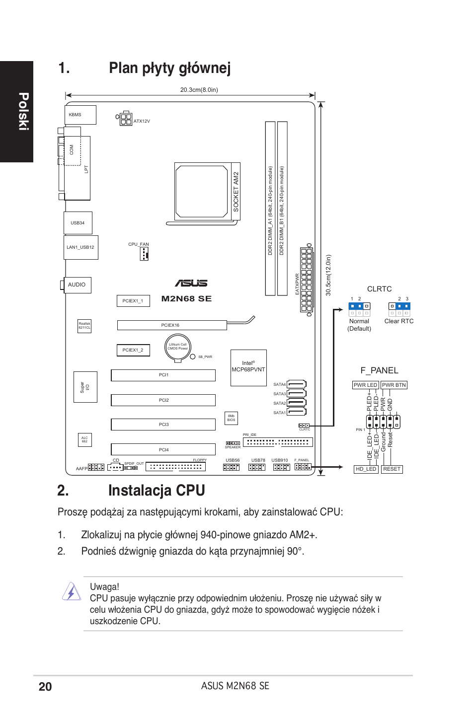 Instalacja cpu, Plan płyty głównej, Polski | Asus mn68 se, F_panel, M2n68 se, Clrtc, 3cm(8.0in), Socket am2, 5cm(12.0in) | Asus M2N68 SE User Manual | Page 20 / 38