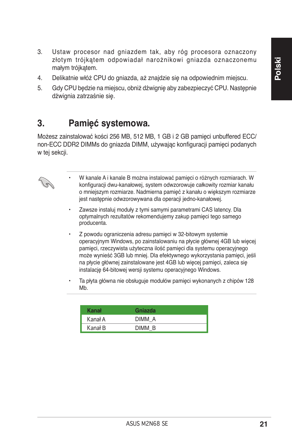 Pamięć systemowa, Polski | Asus M2N68 SE User Manual | Page 21 / 38