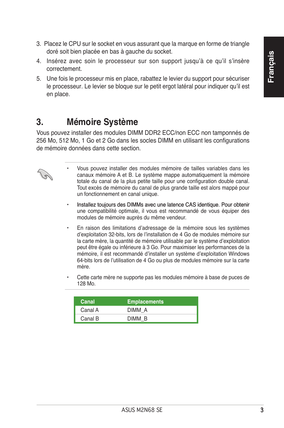 Mémoire système, Français | Asus M2N68 SE User Manual | Page 3 / 38