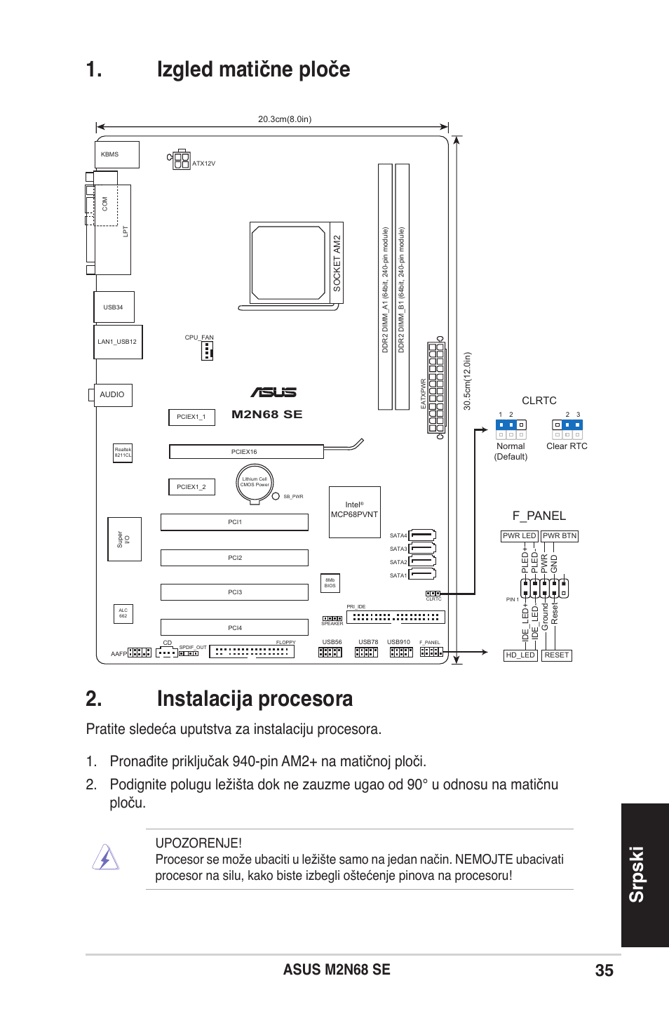 Izgled matične ploče 2. instalacija procesora, Srpski, Asus m2n se | F_panel, M2n68 se, Clrtc, 3cm(8.0in), Socket am2, 5cm(12.0in), Normal (default) clear rtc | Asus M2N68 SE User Manual | Page 35 / 38
