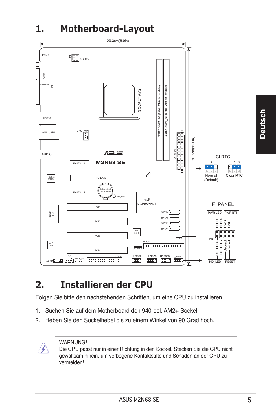 Motherboard-layout 2. installieren der cpu, Deutsch, Asus mn68 se | F_panel, M2n68 se, Clrtc, 3cm(8.0in), Socket am2, 5cm(12.0in), Normal (default) clear rtc | Asus M2N68 SE User Manual | Page 5 / 38