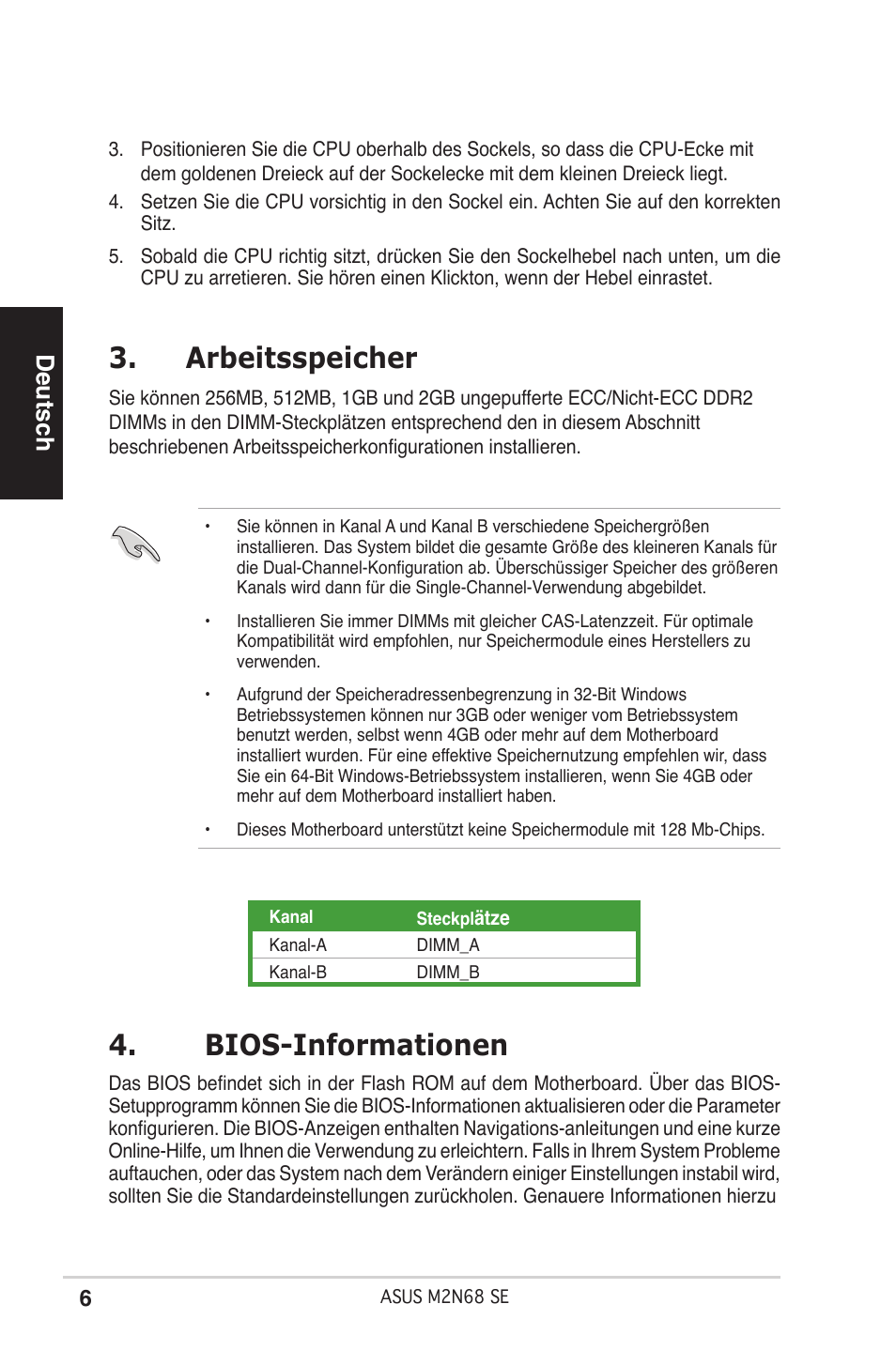 Arbeitsspeicher, Bios-informationen, Deutsch | Asus M2N68 SE User Manual | Page 6 / 38