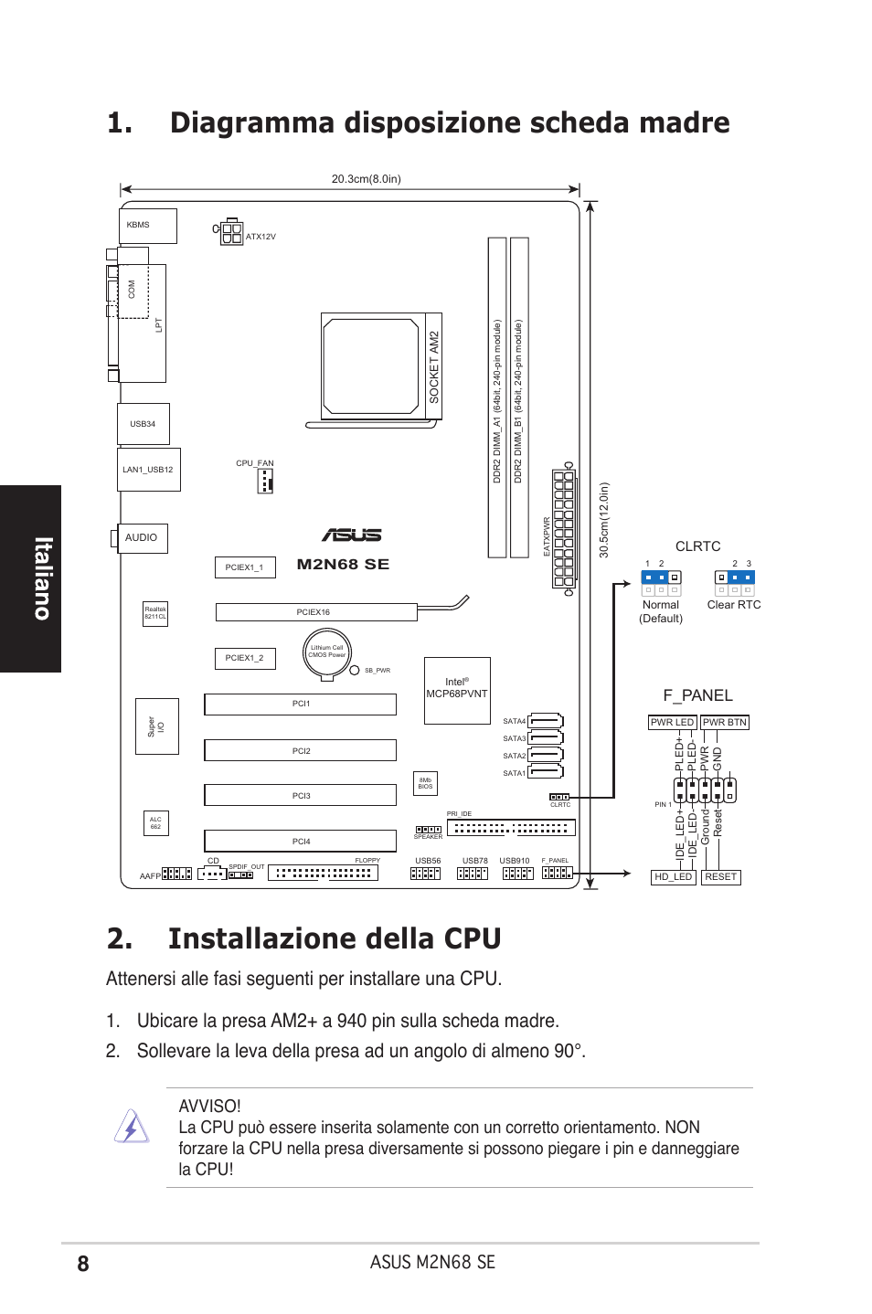 Asus mn68 se, F_panel, M2n68 se | Clrtc, 3cm(8.0in), Socket am2, 5cm(12.0in), Normal (default) clear rtc | Asus M2N68 SE User Manual | Page 8 / 38