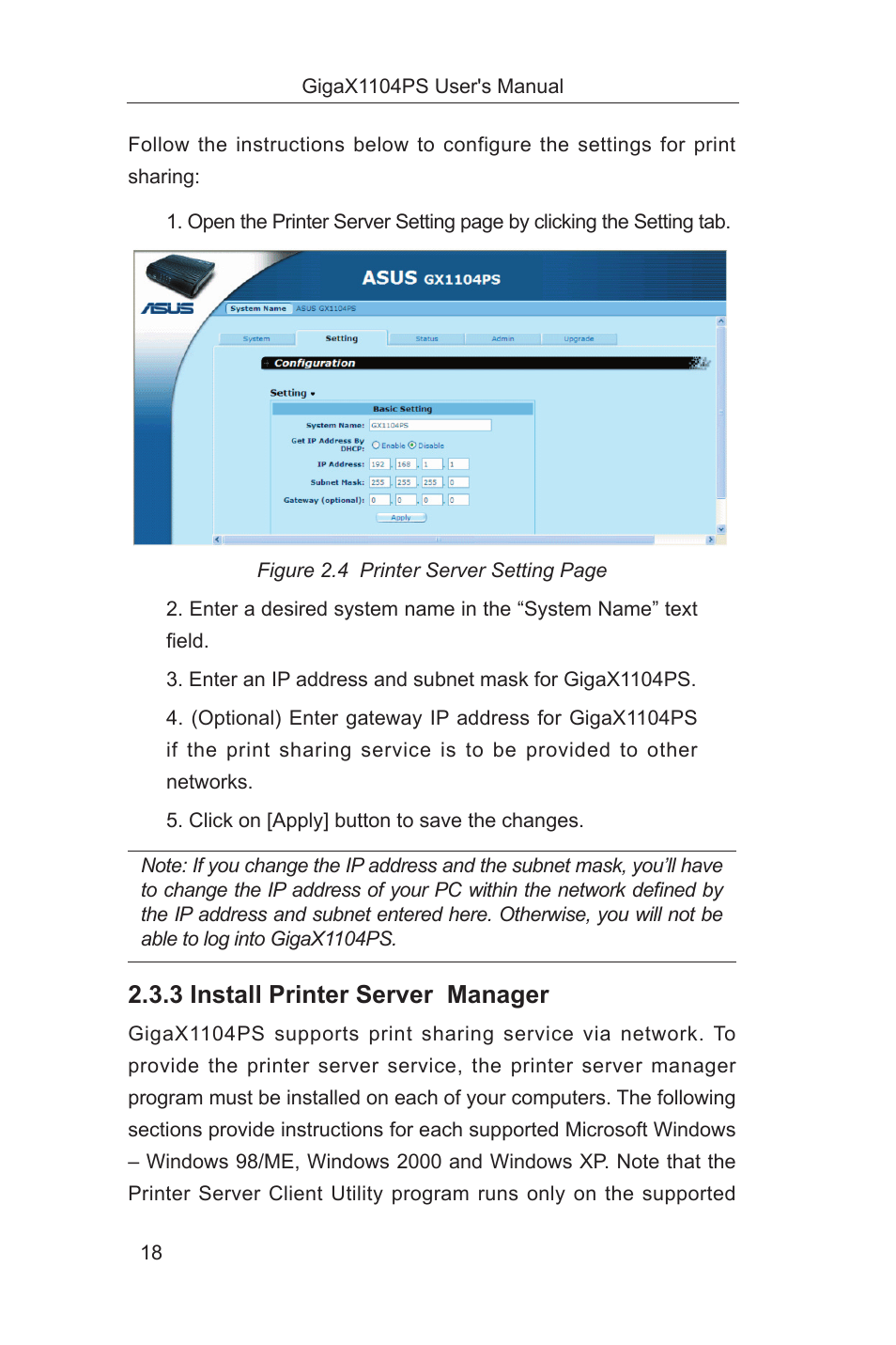 3 install printer server manager | Asus GigaX1104PS User Manual | Page 19 / 58