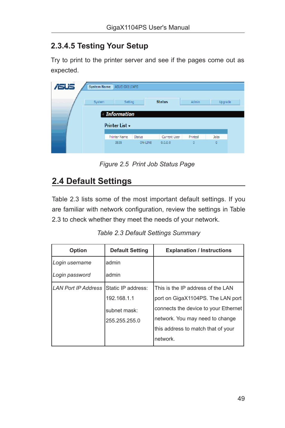 4 default settings, 5 testing your setup | Asus GigaX1104PS User Manual | Page 50 / 58