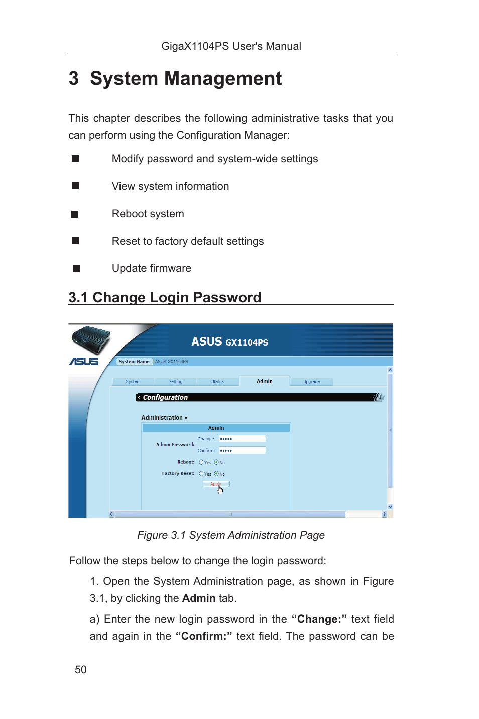 3 system management, 1 change login password | Asus GigaX1104PS User Manual | Page 51 / 58