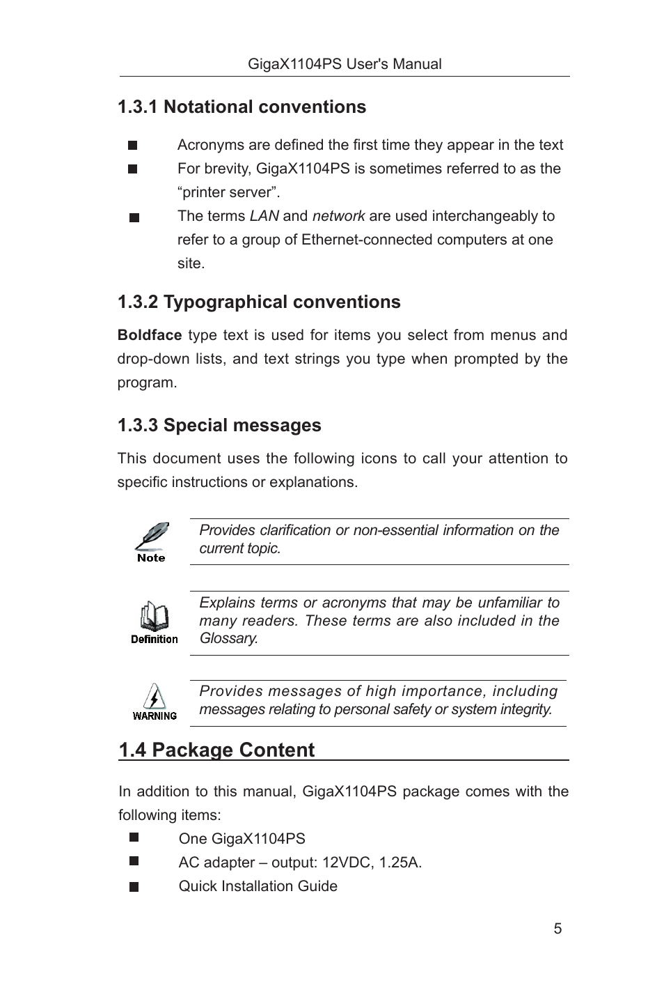 4 package content, 1 notational conventions, 2 typographical conventions | 3 special messages | Asus GigaX1104PS User Manual | Page 6 / 58