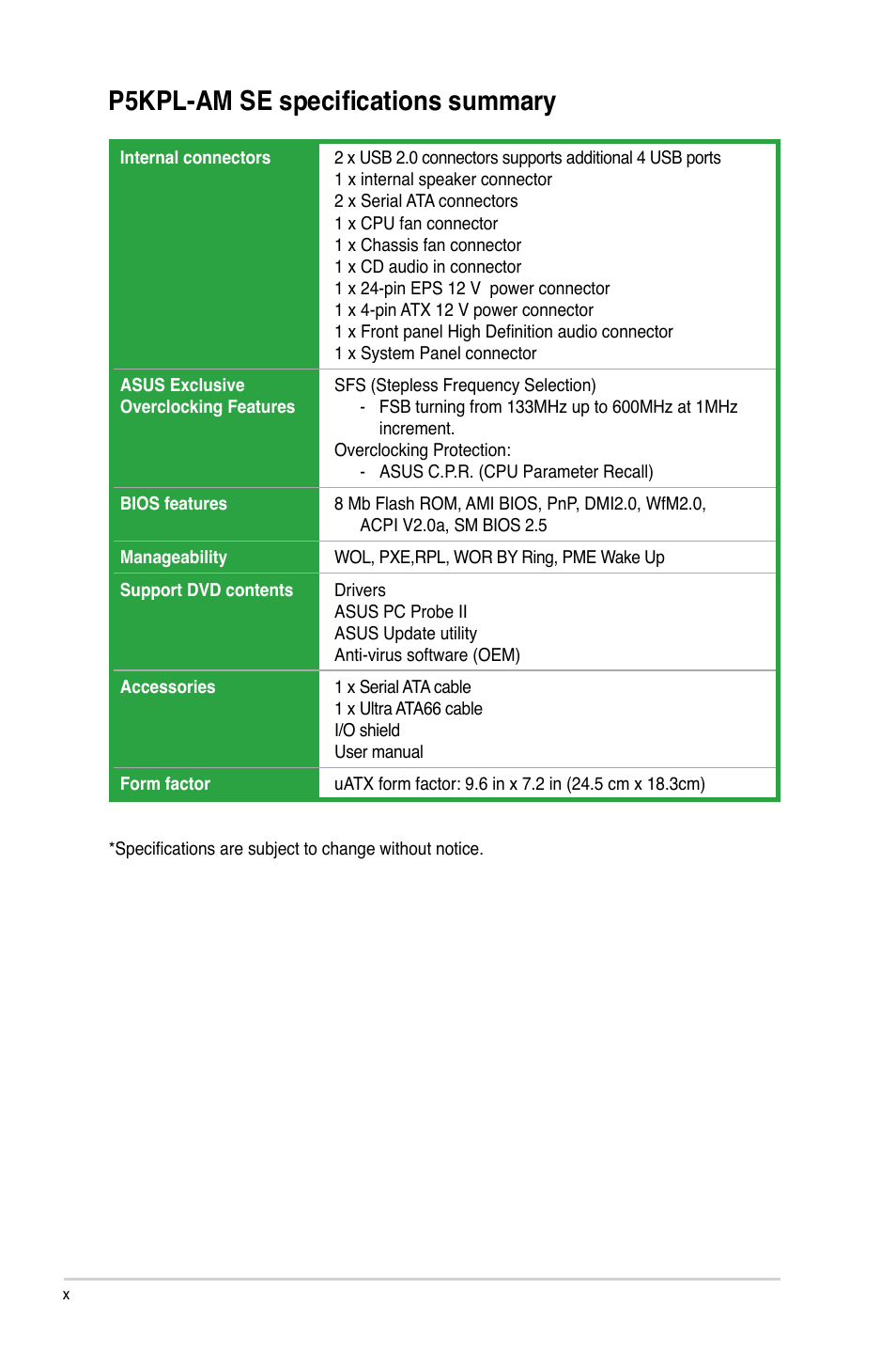 P5kpl-am se specifications summary | Asus P5KPL-AM SE User Manual | Page 10 / 62