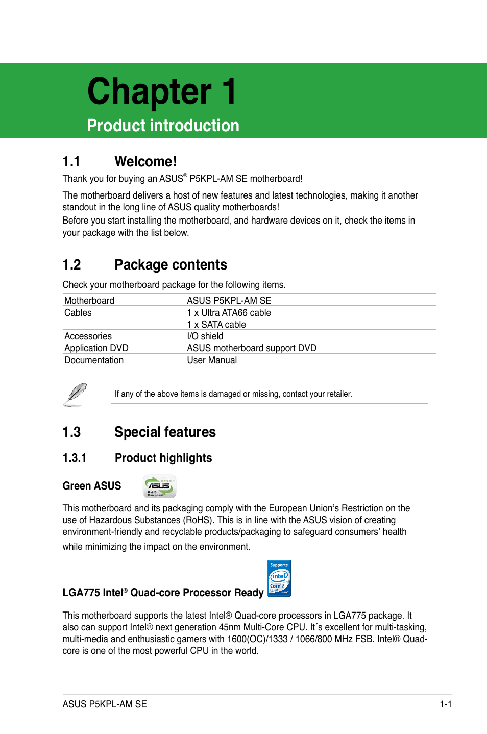 Chapter 1, Product introduction, 1 welcome | 2 package contents, 3 special features | Asus P5KPL-AM SE User Manual | Page 11 / 62