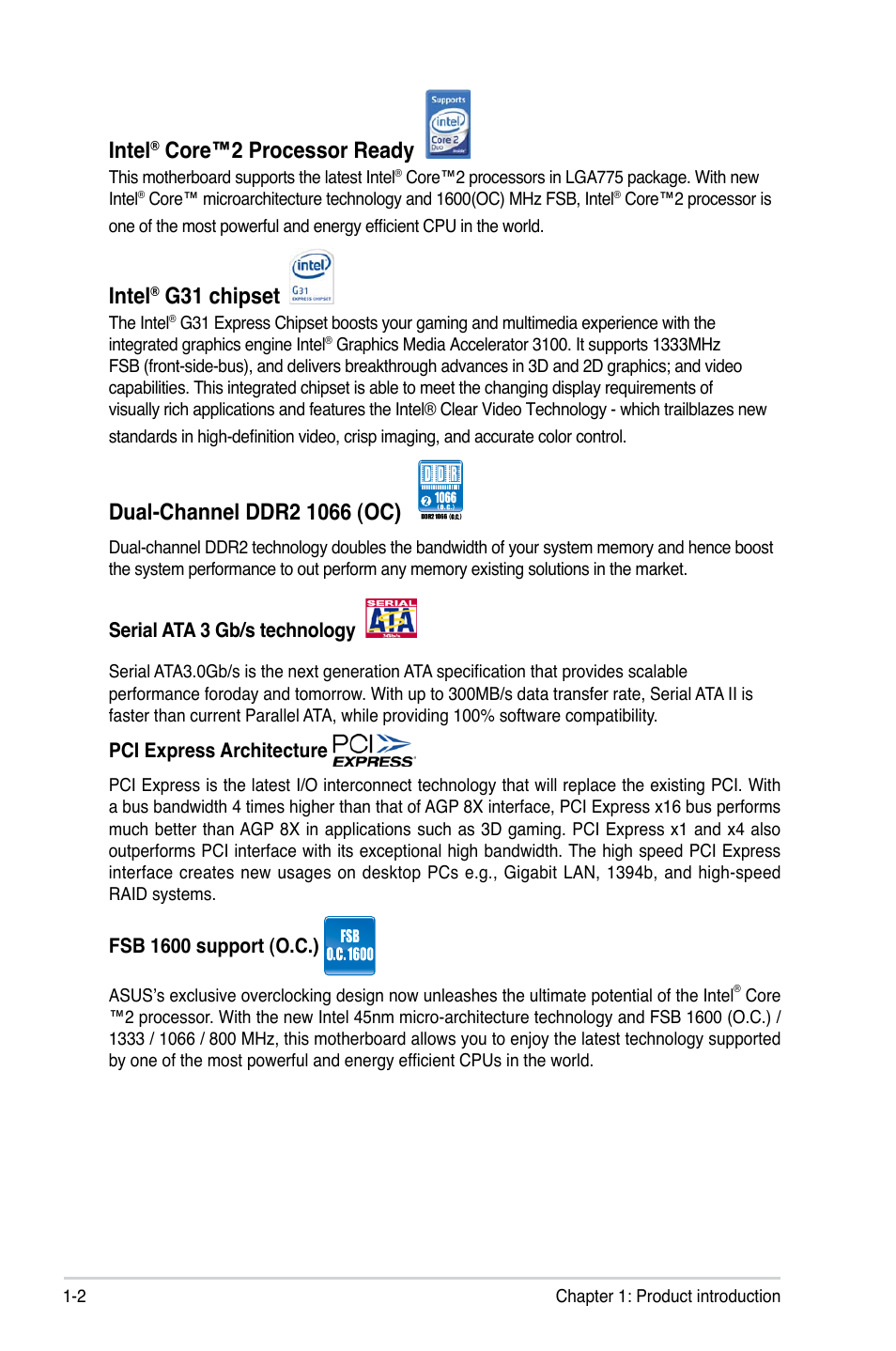 Intel, Core™2 processor ready, G31 chipset | Asus P5KPL-AM SE User Manual | Page 12 / 62