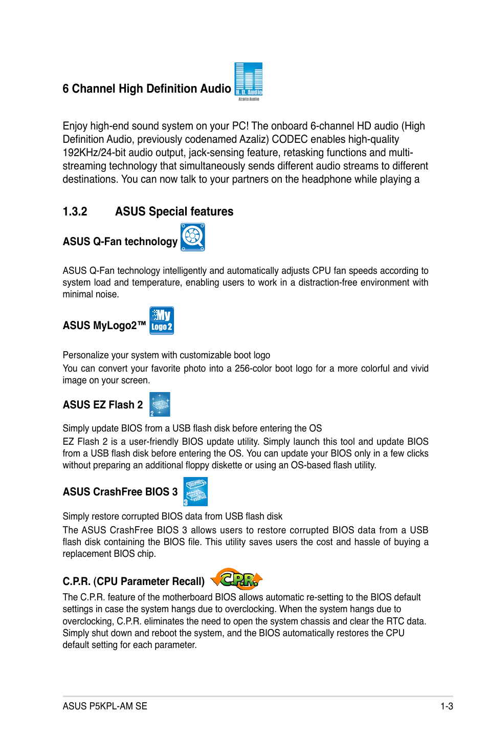 6 channel high definition audio, 2 asus special features | Asus P5KPL-AM SE User Manual | Page 13 / 62