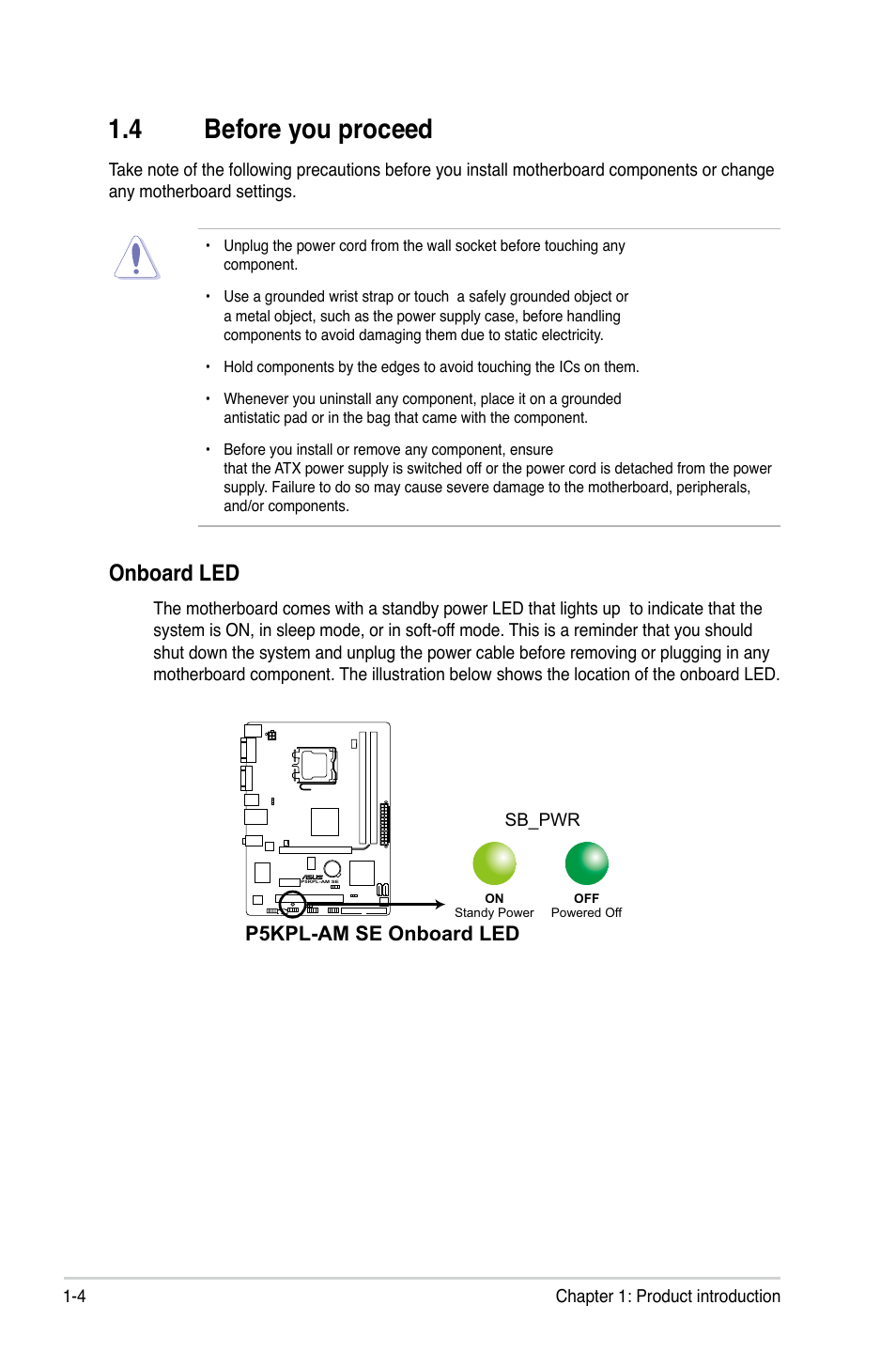 4 before you proceed, Onboard led, P5kpl-am/ps | P5kpl-am se onboard led | Asus P5KPL-AM SE User Manual | Page 14 / 62