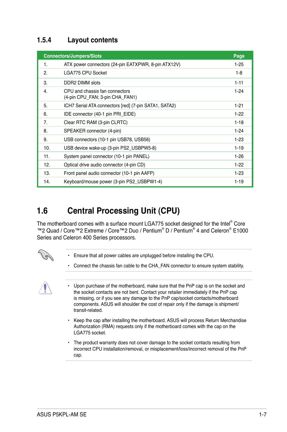 6 central processing unit (cpu), 4 layout contents | Asus P5KPL-AM SE User Manual | Page 17 / 62