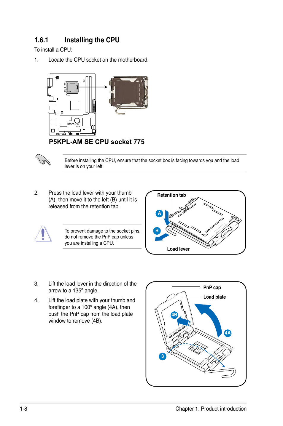 1 installing the cpu, P5kpl-am se cpu socket 775 | Asus P5KPL-AM SE User Manual | Page 18 / 62