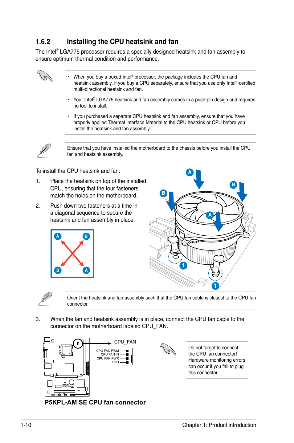 2 installing the cpu heatsink and fan, P5kpl-am se cpu fan connector | Asus P5KPL-AM SE User Manual | Page 20 / 62