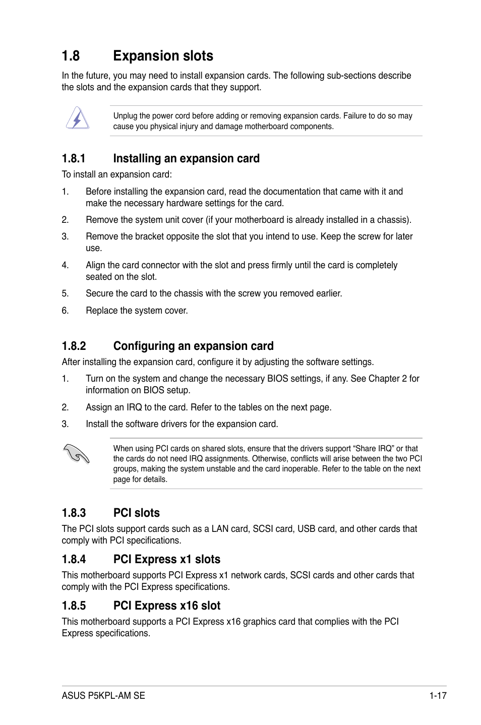 8 expansion slots, 1 installing an expansion card, 2 configuring an expansion card | 3 pci slots, 4 pci express x1 slots, 5 pci express x16 slot | Asus P5KPL-AM SE User Manual | Page 27 / 62