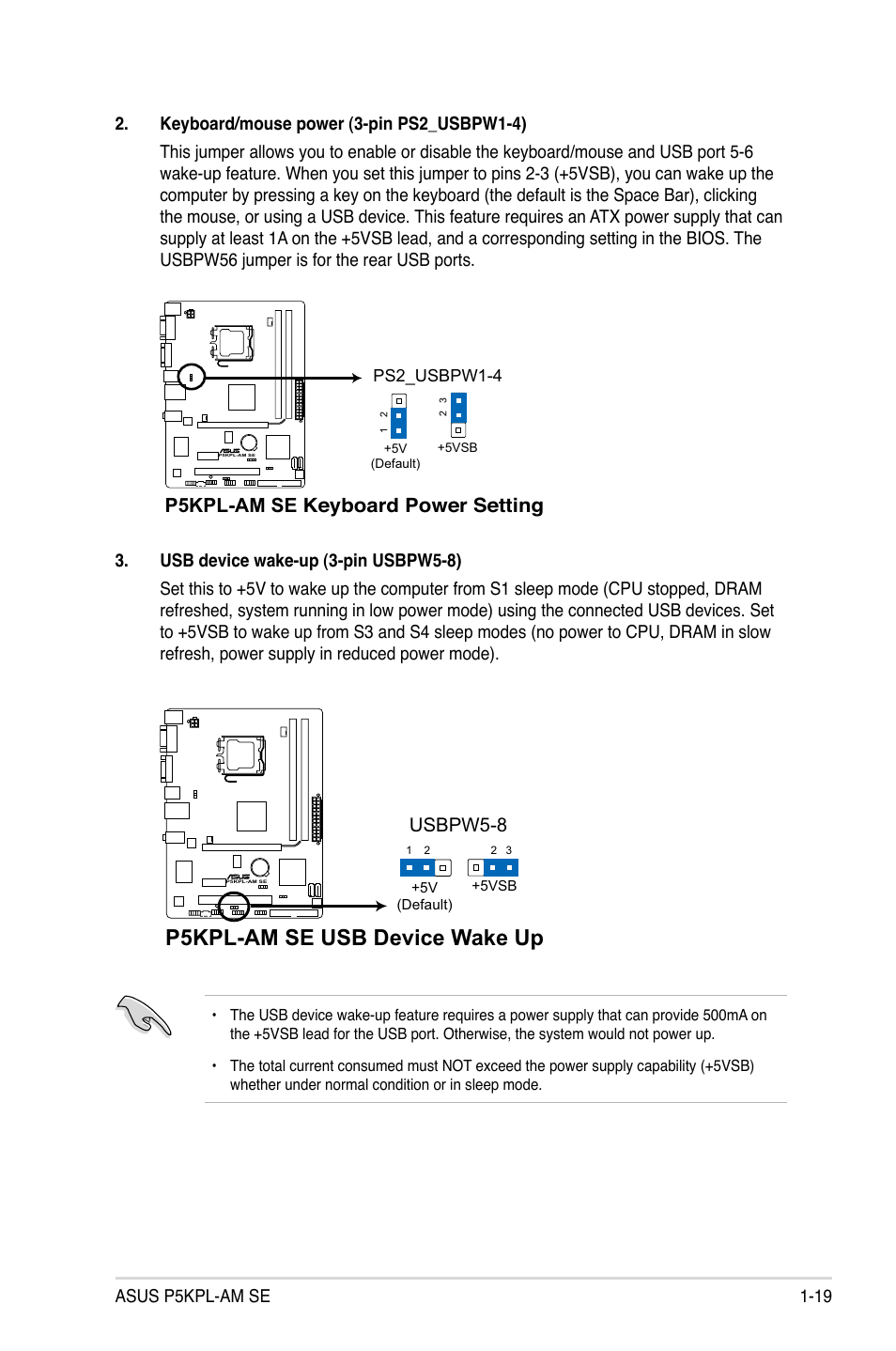 P5kpl-am se usb device wake up, P5kpl-am se keyboard power setting, Usbpw5-8 | Asus P5KPL-AM SE User Manual | Page 29 / 62