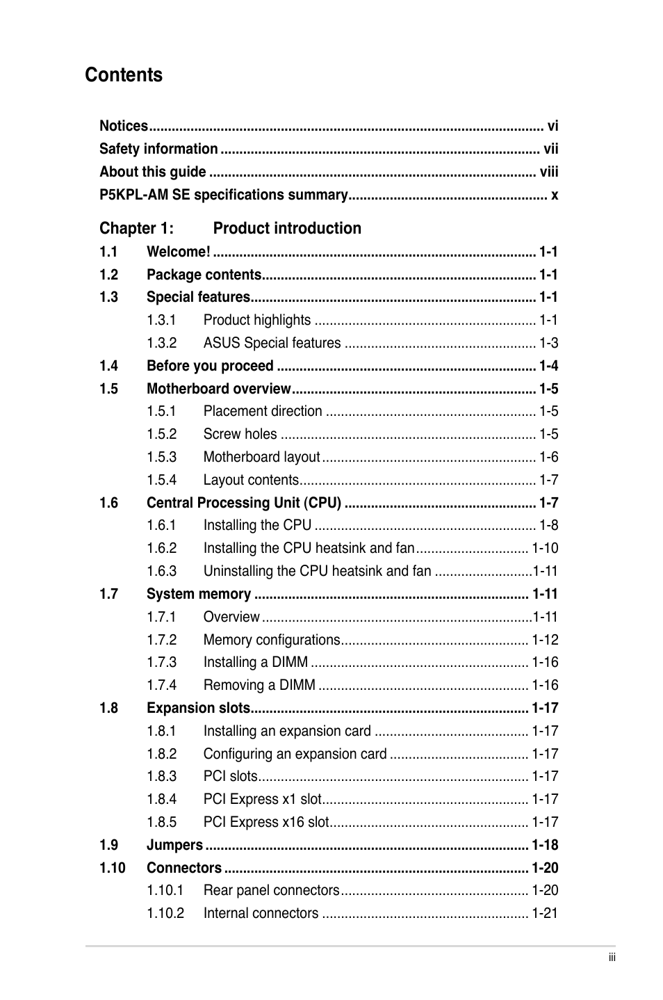 Asus P5KPL-AM SE User Manual | Page 3 / 62