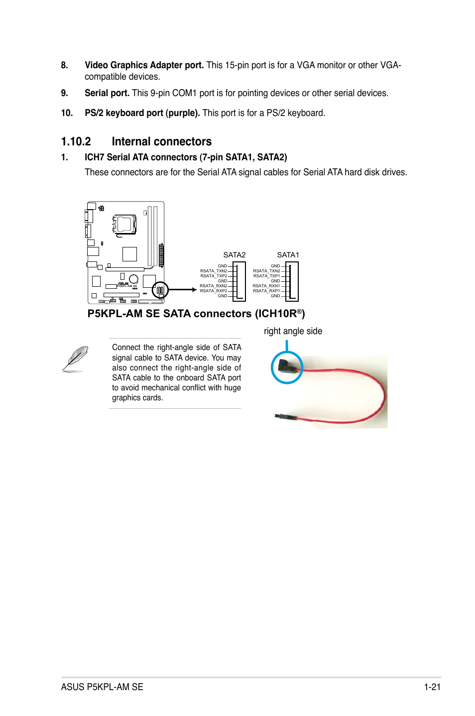 2 internal connectors, P5kpl-am se sata connectors (ich10r, Right angle side | Asus P5KPL-AM SE User Manual | Page 31 / 62