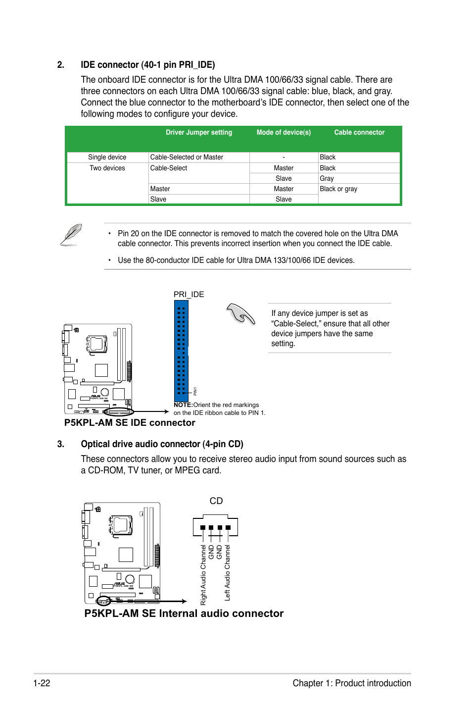 P5kpl-am se internal audio connector, P5kpl-am se ide connector | Asus P5KPL-AM SE User Manual | Page 32 / 62