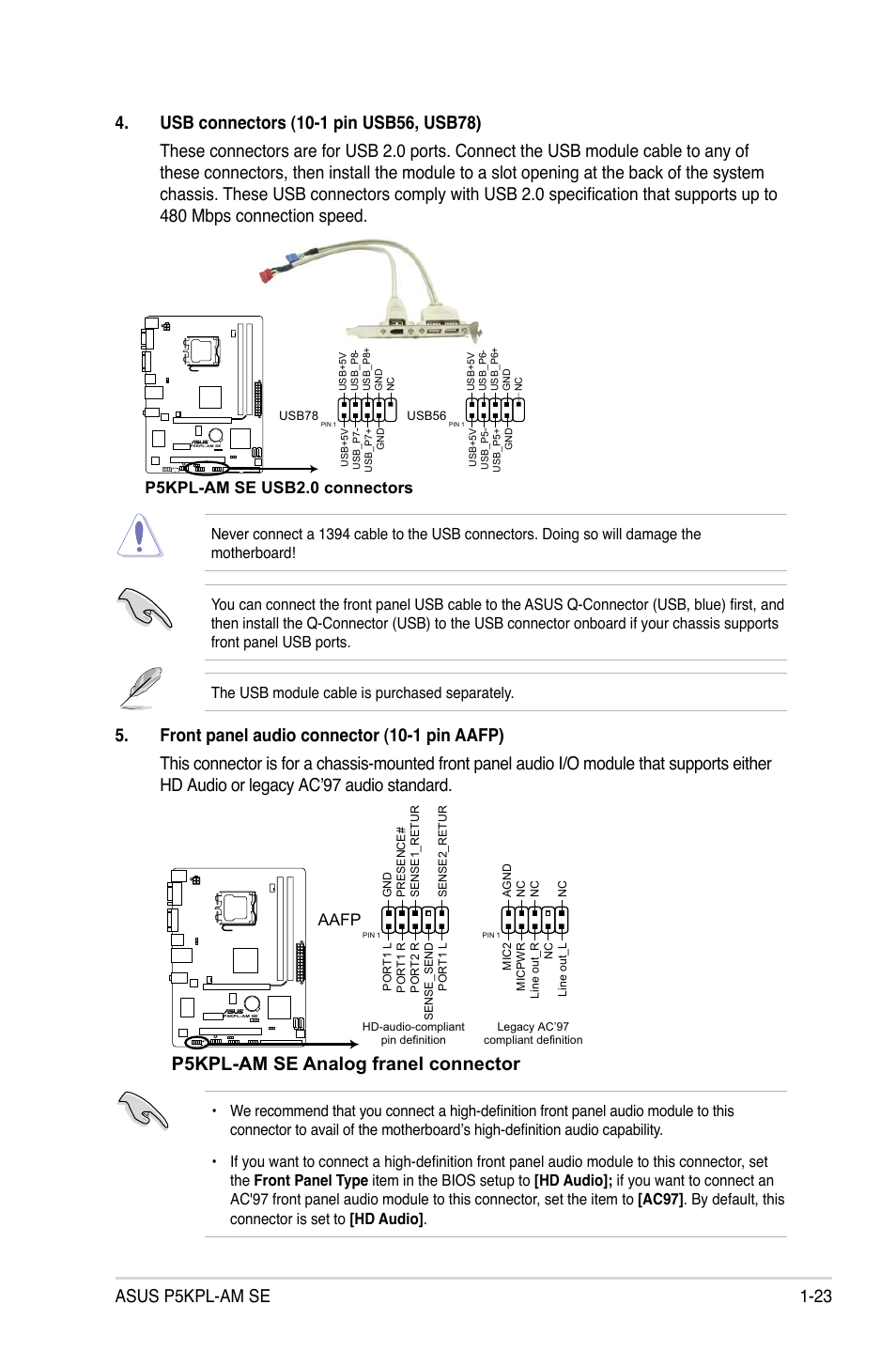 P5kpl-am se analog franel connector, P5kpl-am se usb2.0 connectors, Aafp | Asus P5KPL-AM SE User Manual | Page 33 / 62