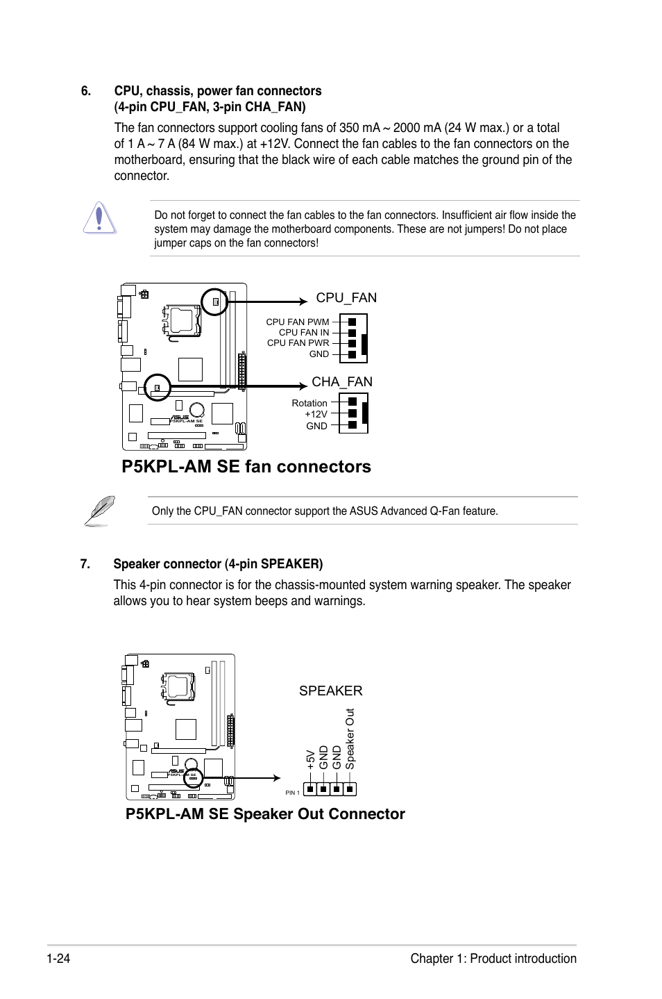 P5kpl-am se fan connectors, P5kpl-am se speaker out connector | Asus P5KPL-AM SE User Manual | Page 34 / 62