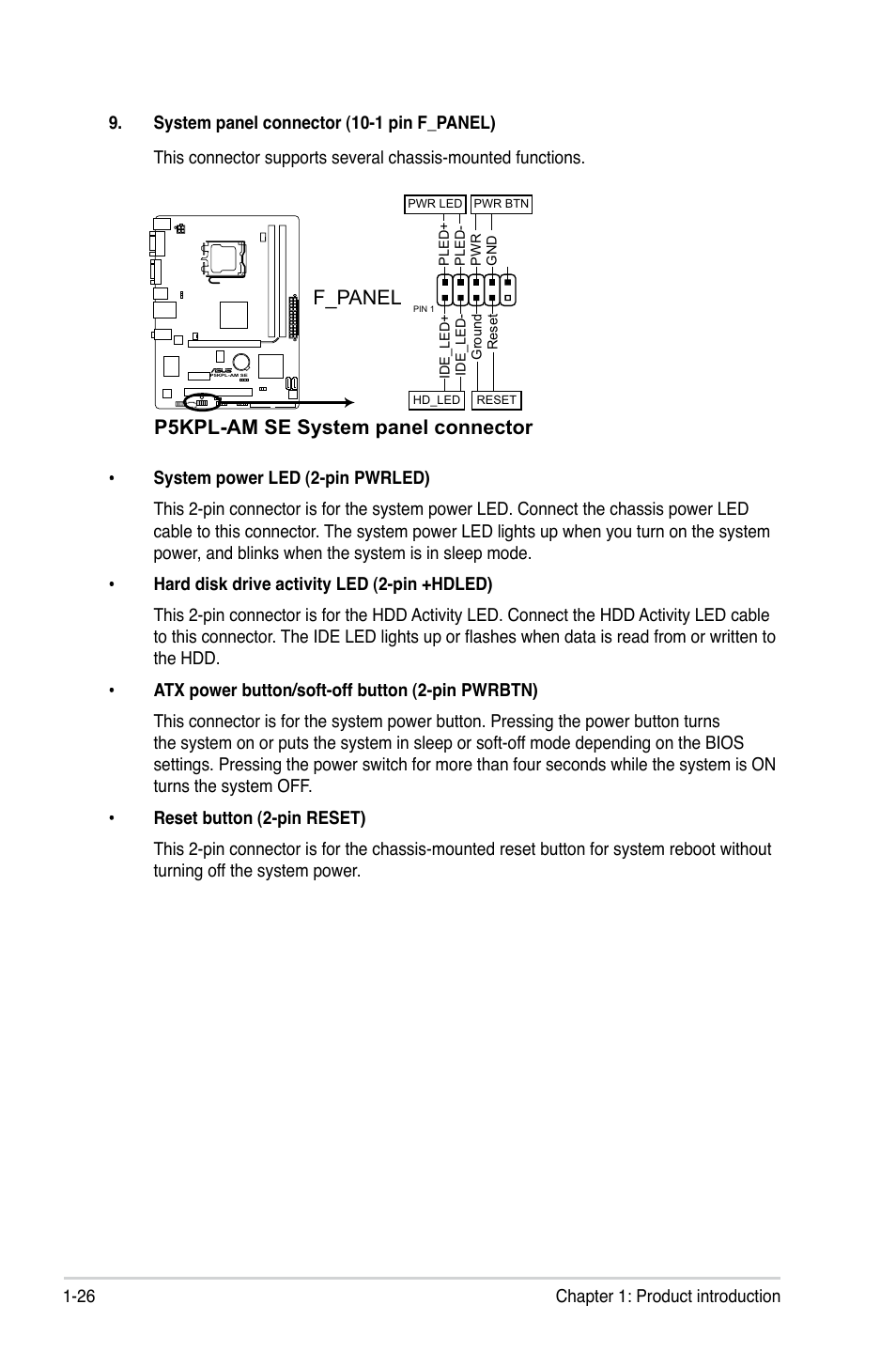 P5kpl-am se system panel connector, F_panel | Asus P5KPL-AM SE User Manual | Page 36 / 62