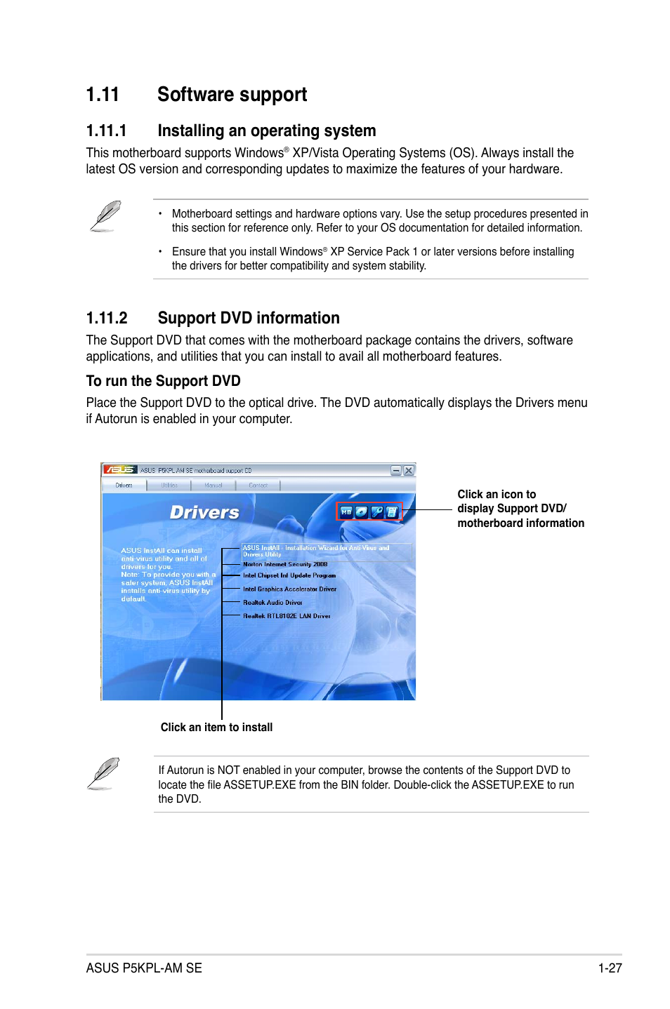 11 software support, 1 installing an operating system, 2 support dvd information | Asus P5KPL-AM SE User Manual | Page 37 / 62