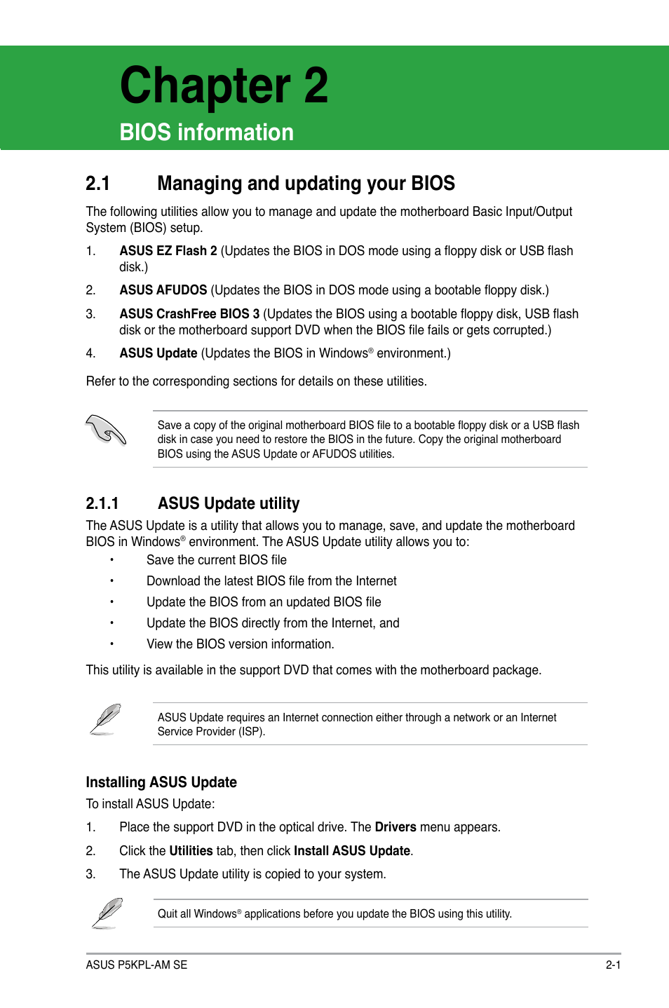 Chapter 2, Bios information, 1 managing and updating your bios | 1 asus update utility | Asus P5KPL-AM SE User Manual | Page 39 / 62