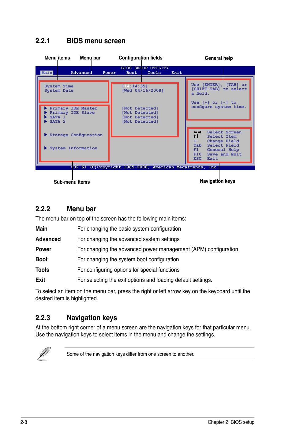 2 menu bar, 3 navigation keys, 1 bios menu screen | Asus P5KPL-AM SE User Manual | Page 46 / 62