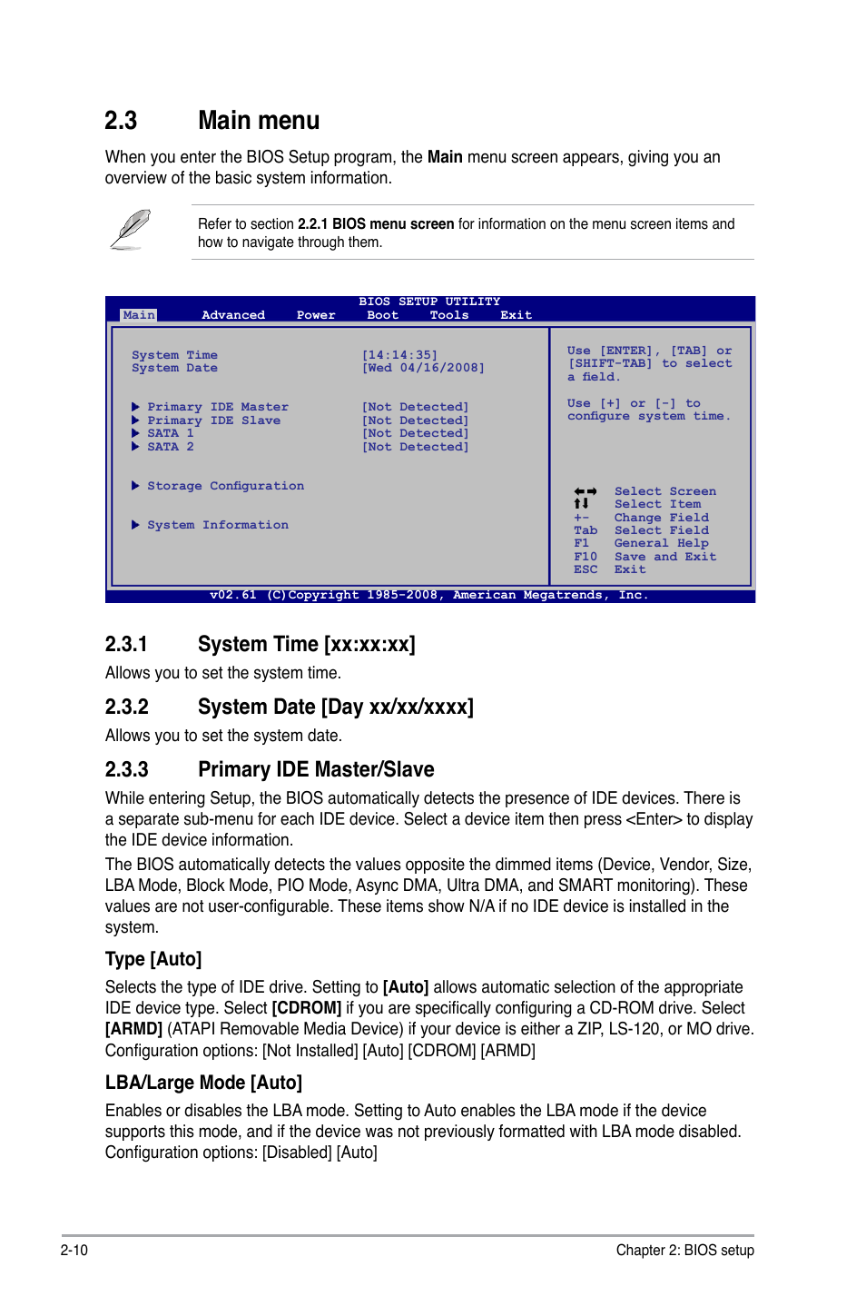 3 main menu, 1 system time [xx:xx:xx, 3 primary ide master/slave | Type [auto, Lba/large mode [auto | Asus P5KPL-AM SE User Manual | Page 48 / 62