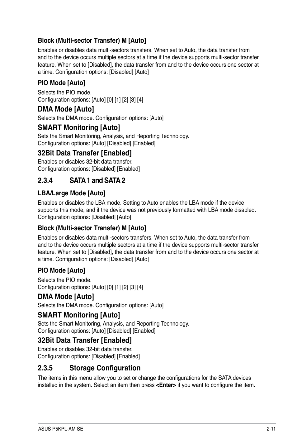Dma mode [auto, Smart monitoring [auto, 32bit data transfer [enabled | 4 sata 1 and sata 2, 5 storage configuration | Asus P5KPL-AM SE User Manual | Page 49 / 62