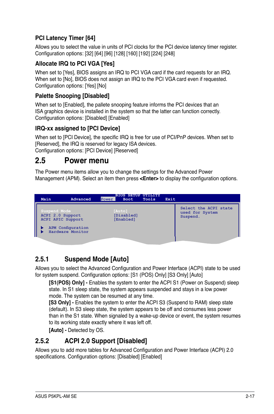 5 power menu, 1 suspend mode [auto, 2 acpi 2.0 support [disabled | Asus P5KPL-AM SE User Manual | Page 55 / 62