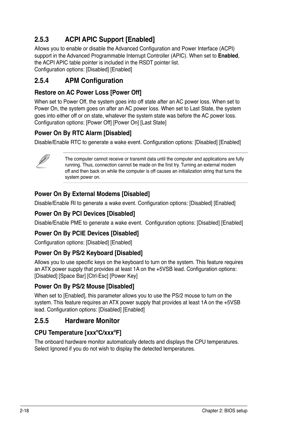 5 hardware monitor, 3 acpi apic support [enabled, 4 apm configuration | Asus P5KPL-AM SE User Manual | Page 56 / 62