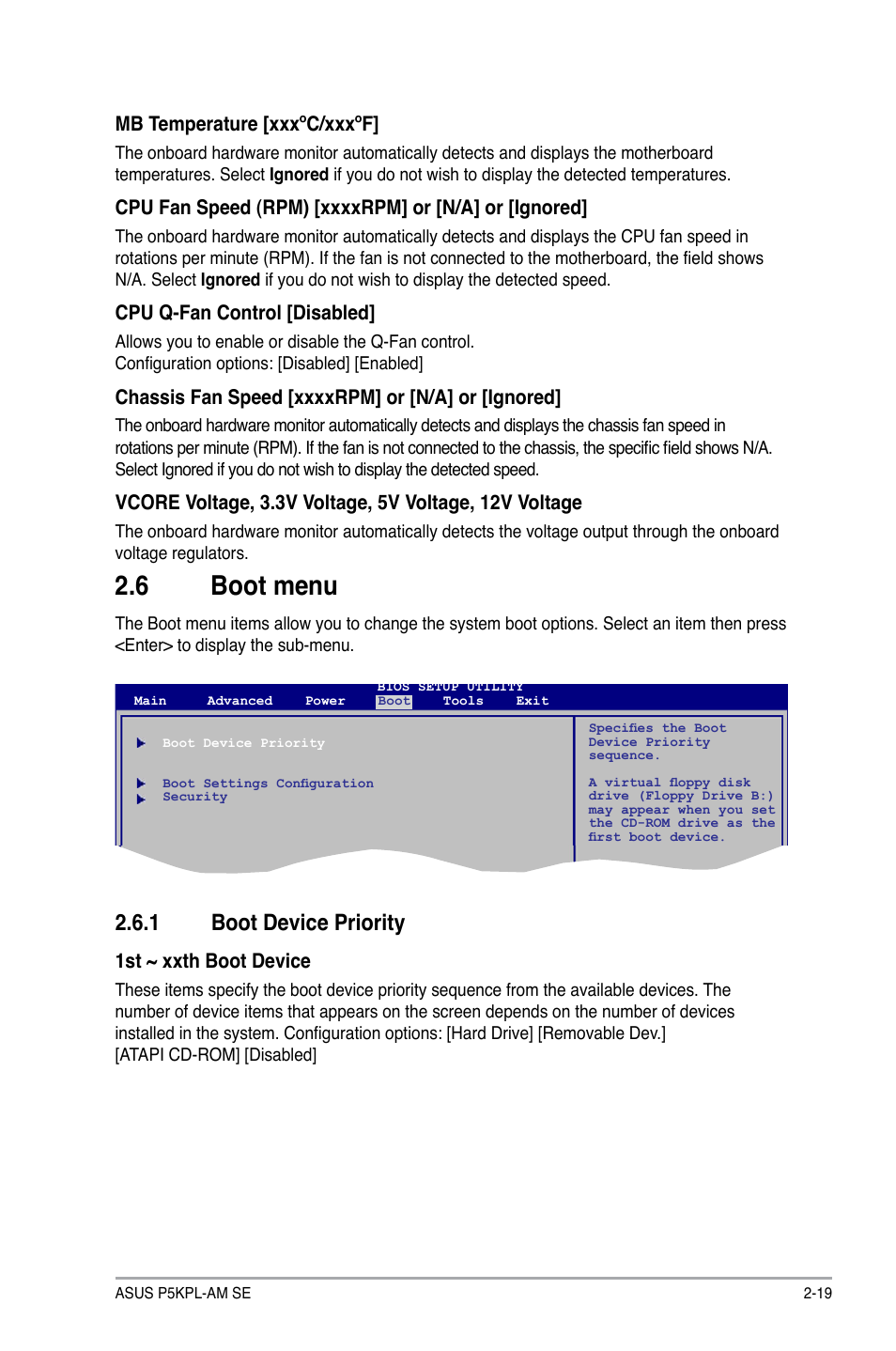 6 boot menu, 1 boot device priority | Asus P5KPL-AM SE User Manual | Page 57 / 62