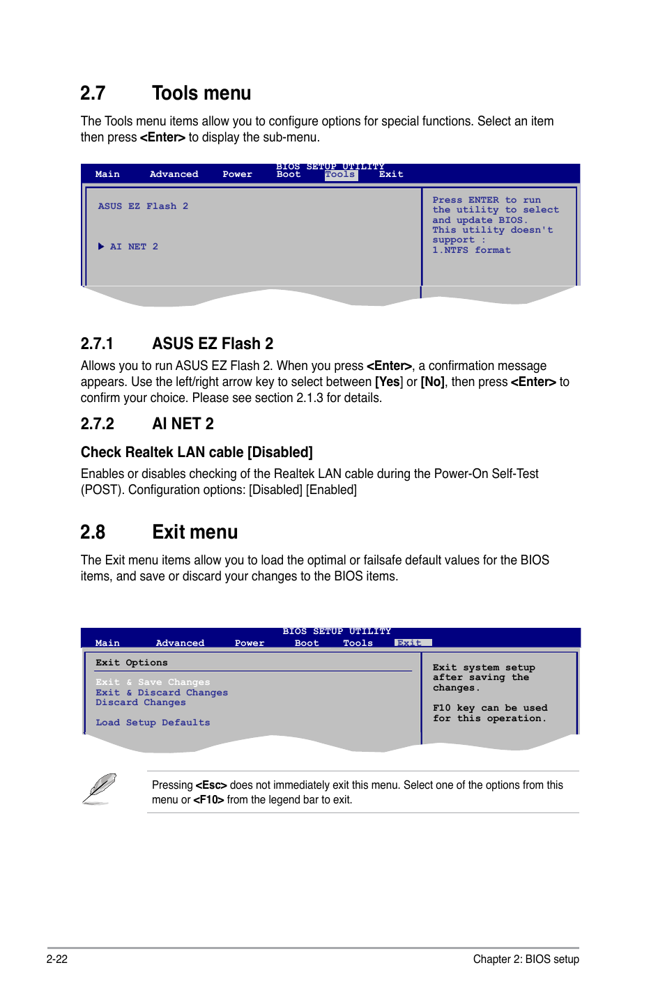 7 tools menu, 8 exit menu, 1 asus ez flash 2 | 2 ai net 2, Check realtek lan cable [disabled | Asus P5KPL-AM SE User Manual | Page 60 / 62