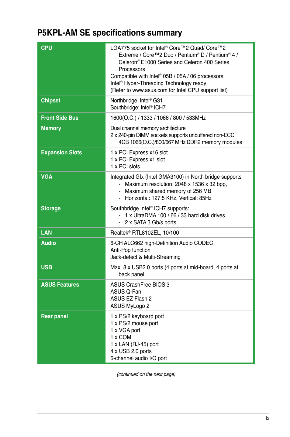 P5kpl-am se specifications summary | Asus P5KPL-AM SE User Manual | Page 9 / 62