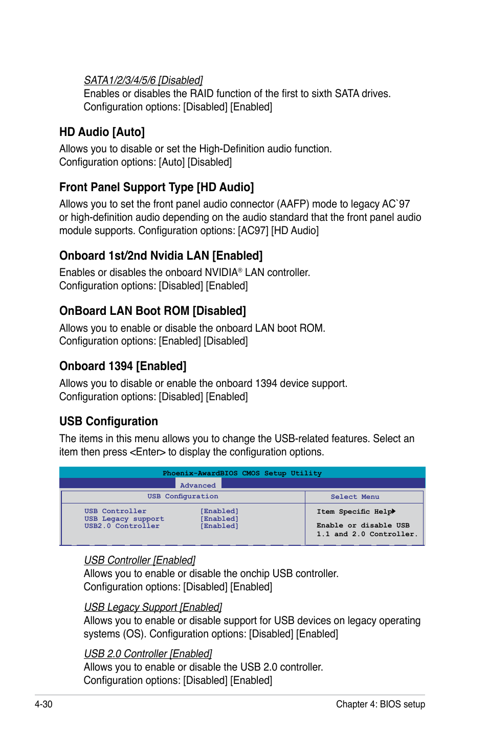 Hd audio [auto, Front panel support type [hd audio, Onboard 1st/2nd nvidia lan [enabled | Onboard lan boot rom [disabled, Onboard 1394 [enabled, Usb configuration | Asus P5N72-T Premium User Manual | Page 100 / 178