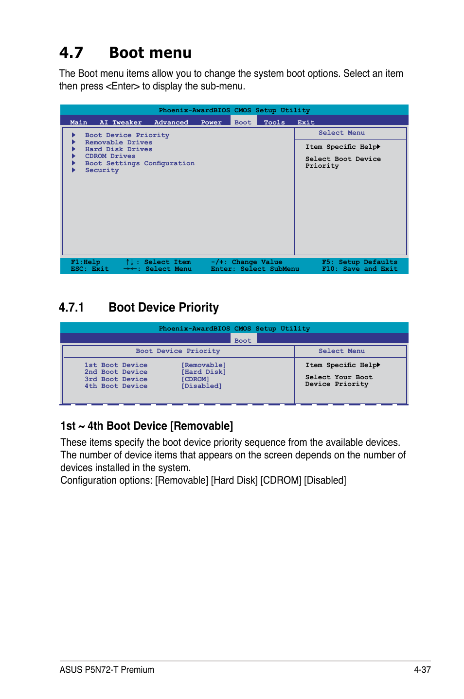 7 boot menu, 1 boot device priority, Boot menu -37 4.7.1 | Boot device priority -37, 1st ~ 4th boot device [removable | Asus P5N72-T Premium User Manual | Page 107 / 178